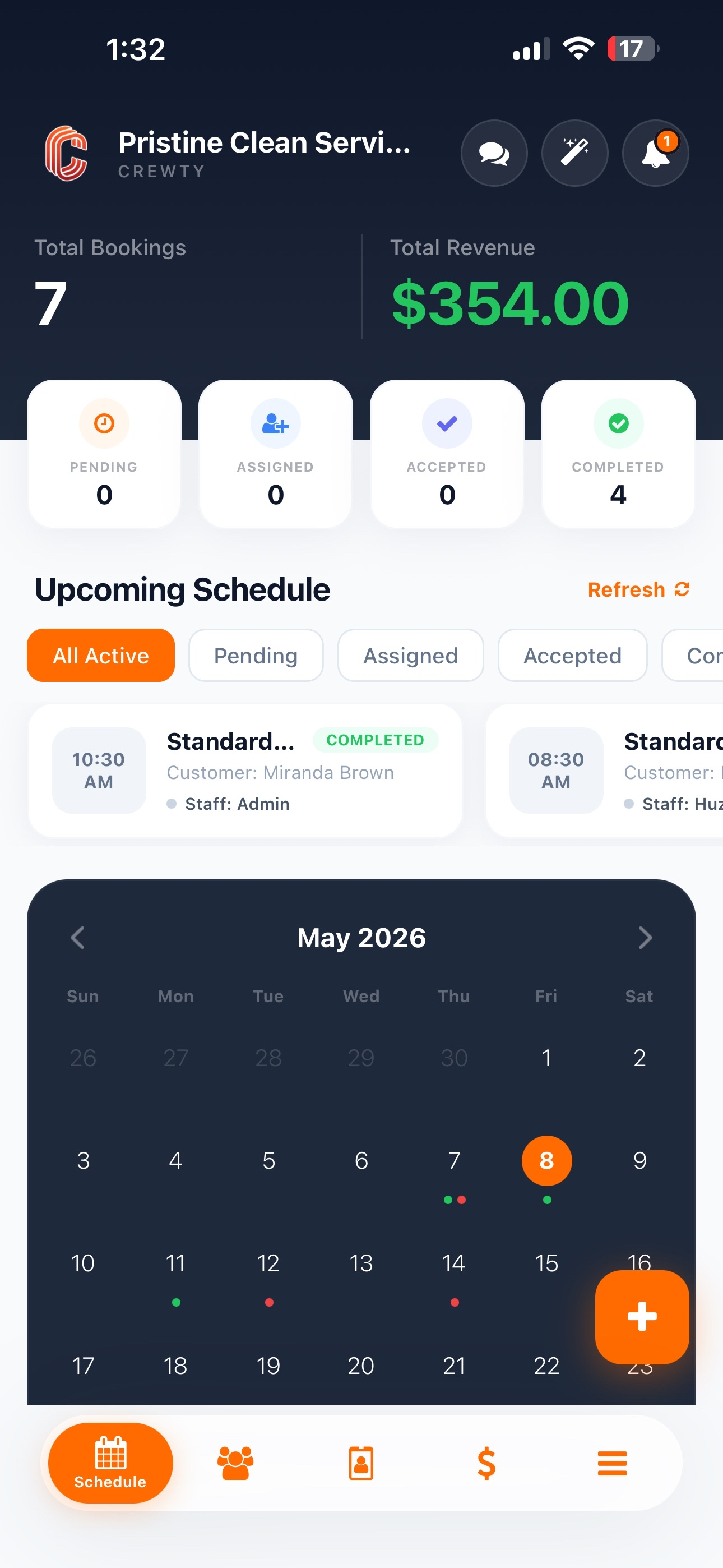Crewty iOS app showing the Pristine Clean Services dashboard