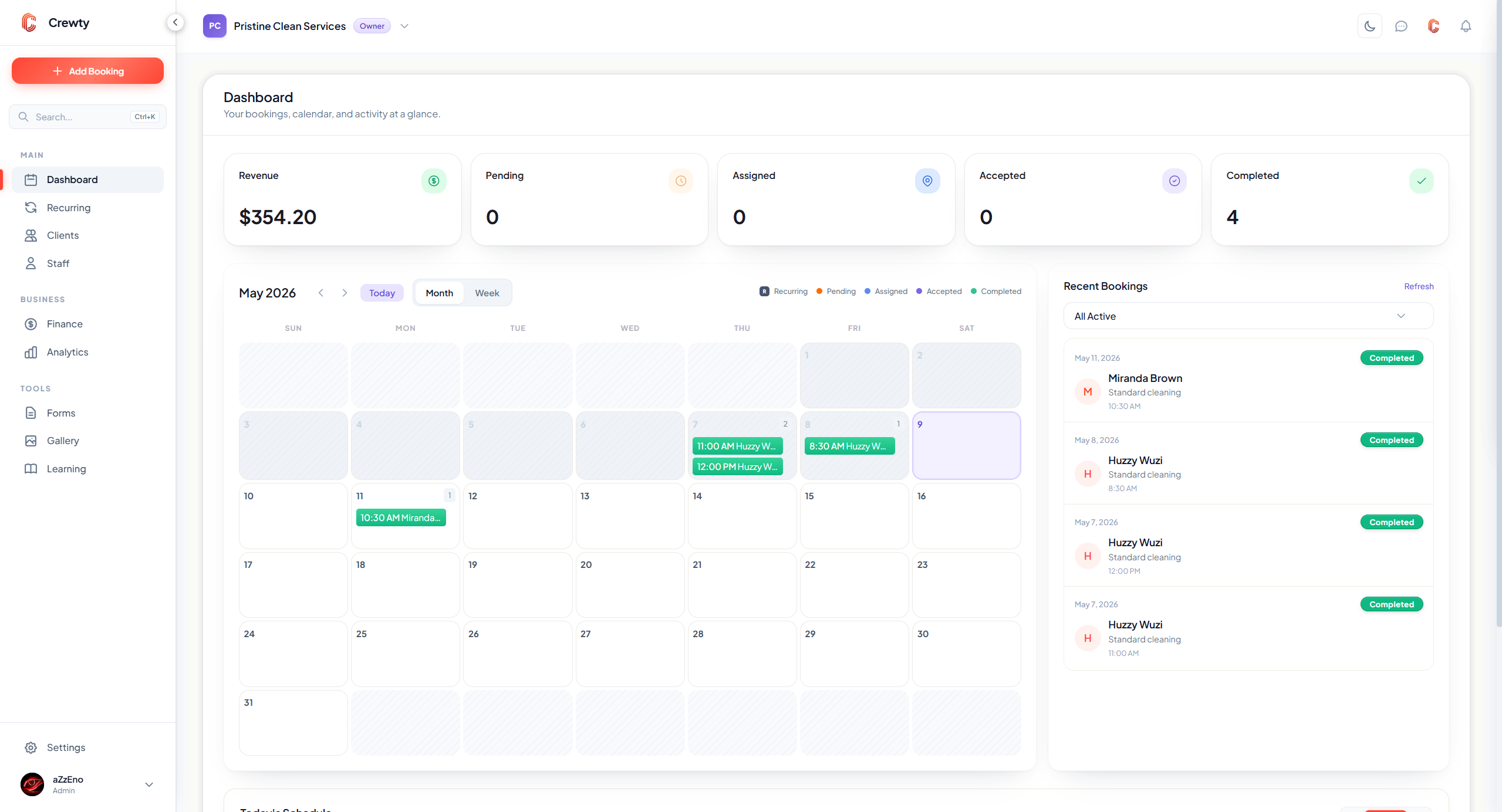 Crewty web dashboard for Pristine Clean Services